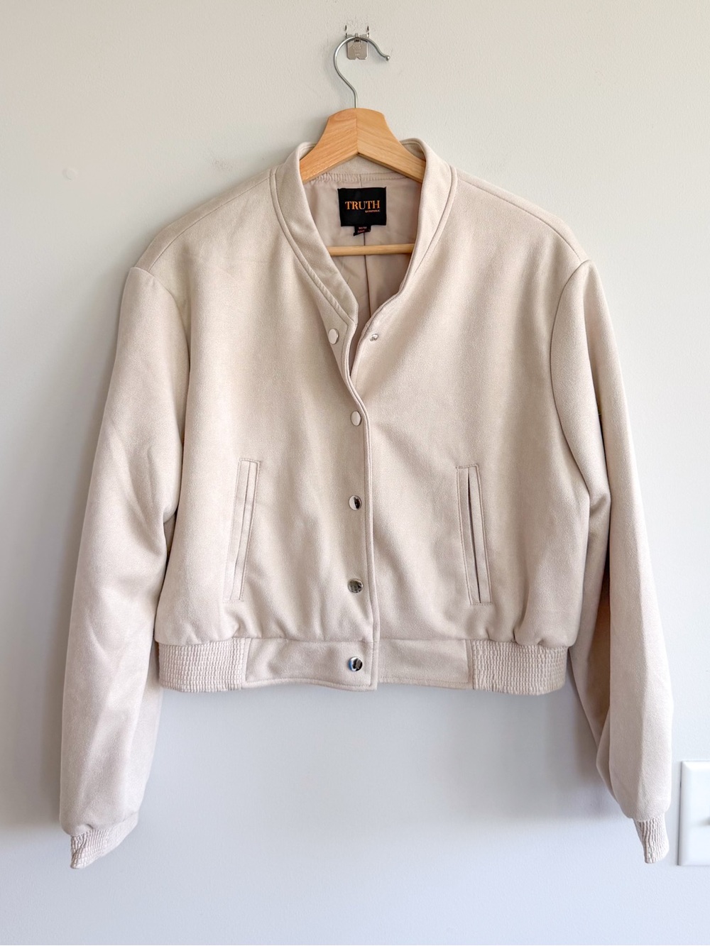 Truth by Republic Faux Leather Snap Front Cropped Bomber Jacket Cream M